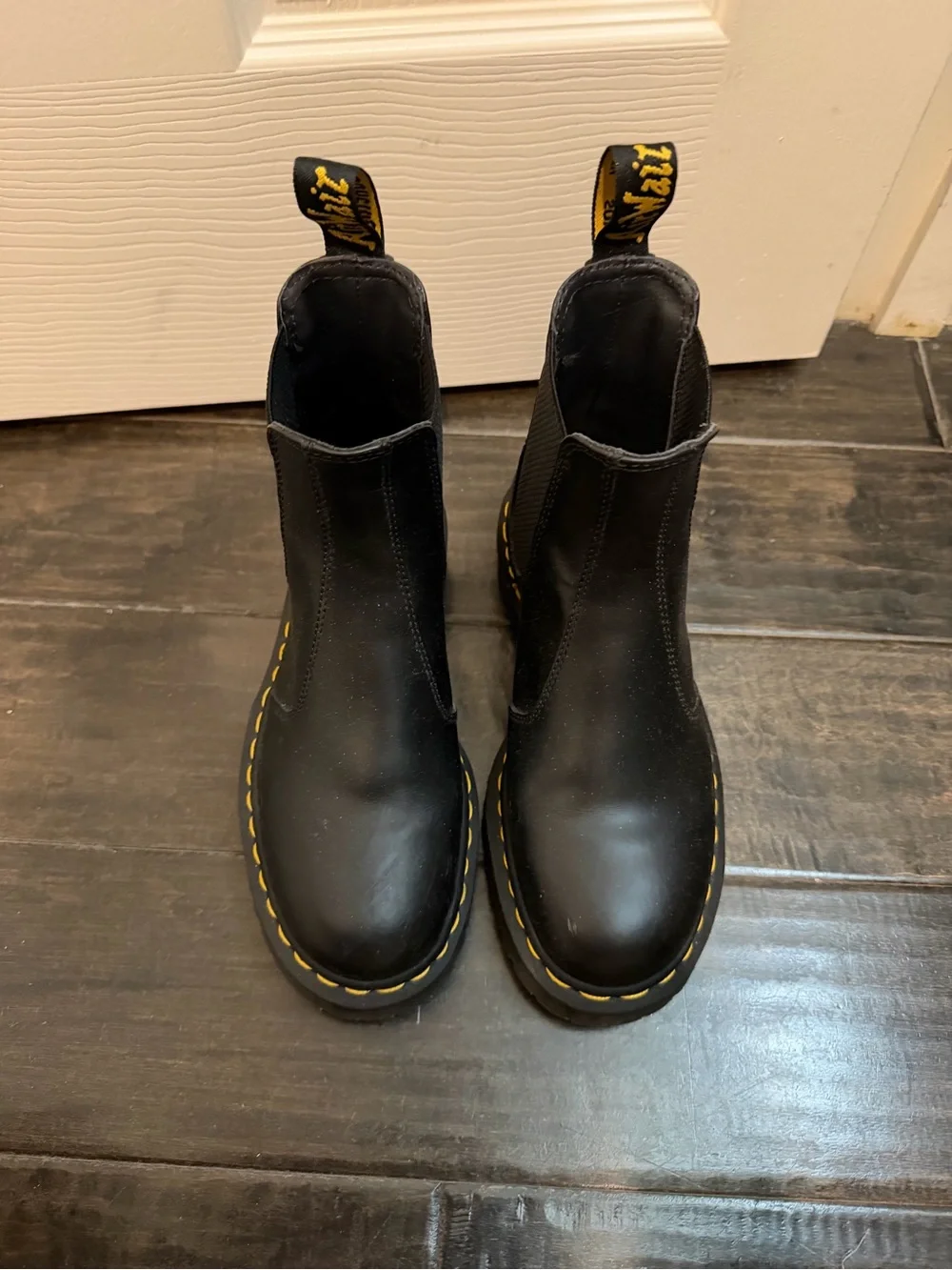 Black Doc Martens Chelsea Boots with Yellow Stitching
